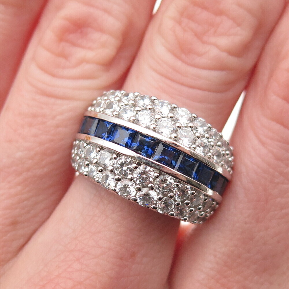 925 Sterling Silver Lab-Created Sapphire & C Z Ring Size 7